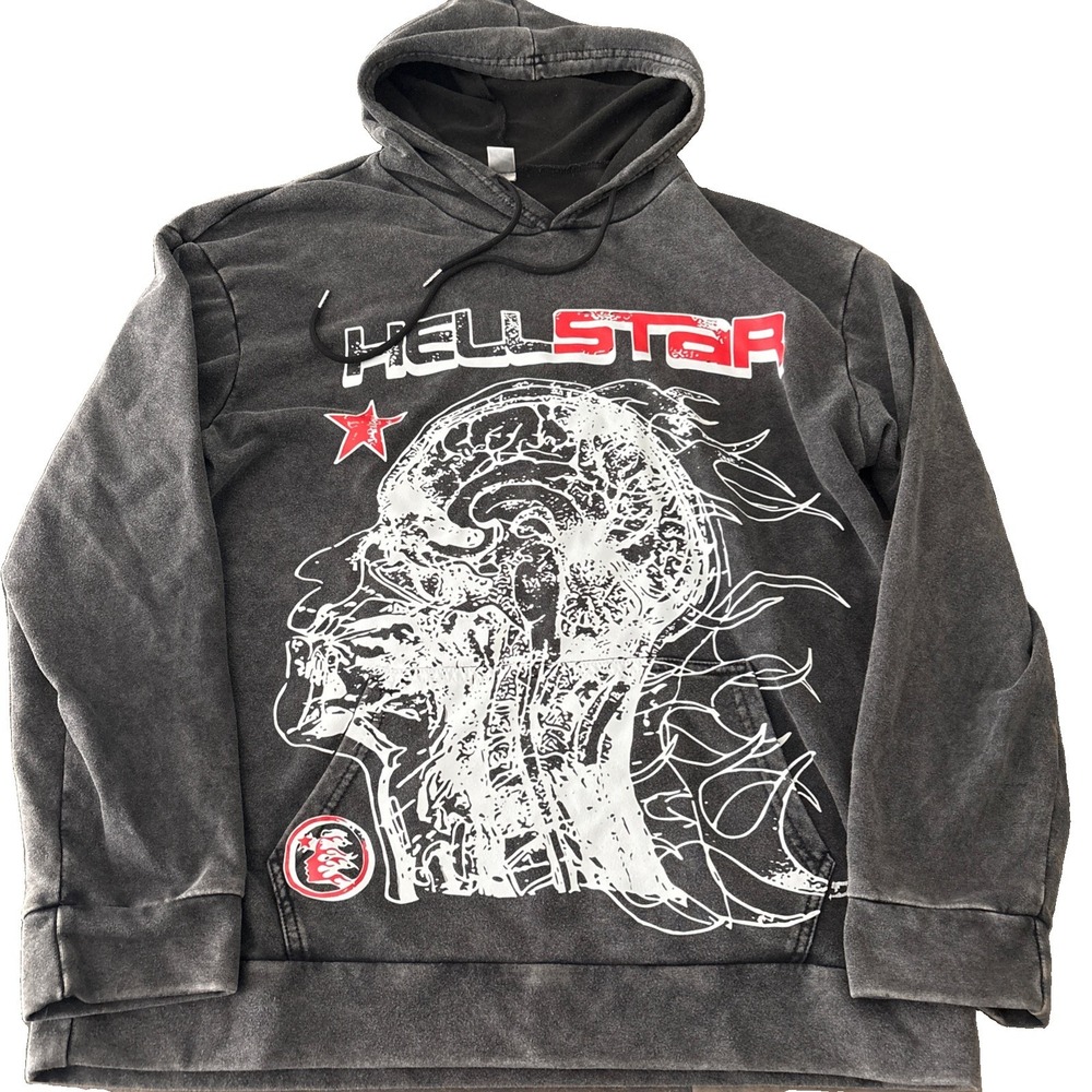 Hellstar Graphic Print Pullover Hoodie Men M unbranded gray cotton blend